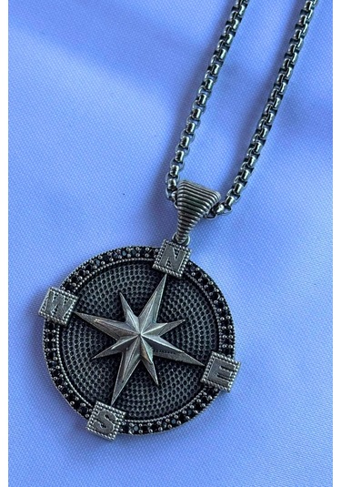 Pusula El İşçiliği Paslanmaz Çelik Zincir Erkek Kolye Gümüş