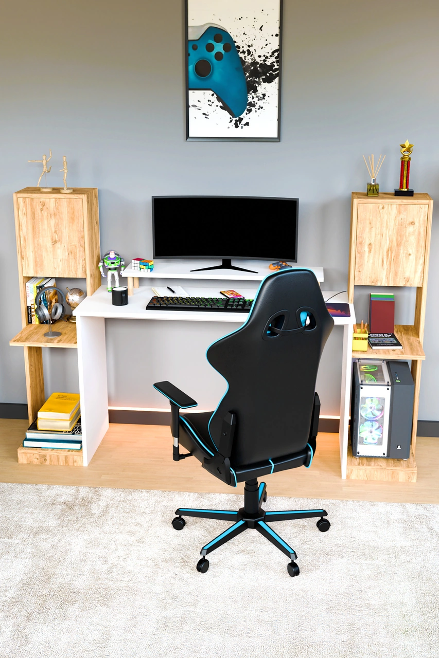 Throne Dolaplı, Kitaplıklı, Raflı Çalışma Masası, Bilgisayar Masası, Çocuk Çalışma Masası Atlantik Çam Atlantik Çam