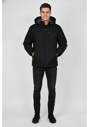 Erkek Büyük Beden Kapüşonlu Mevsimlik Spor Mont 99538 Bbgl-st04877 Siyah