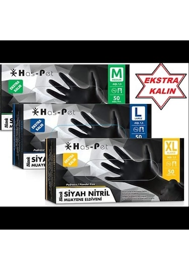 Has-Pet Extra Kalın Pudrasız Siyah Nitril Muayene Eldiveni 50'li