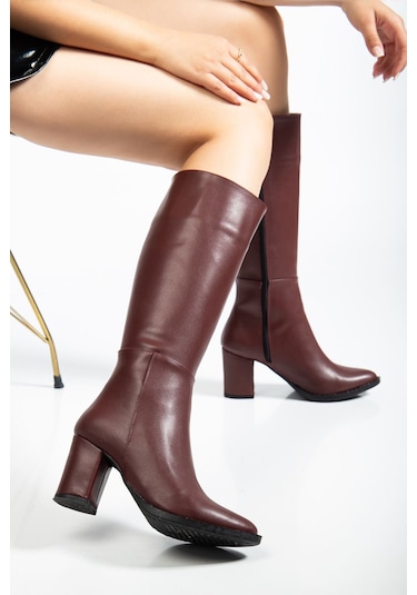 Ysn-4422 Bordo Cilt Topuklu Kadın Çizme Bordo