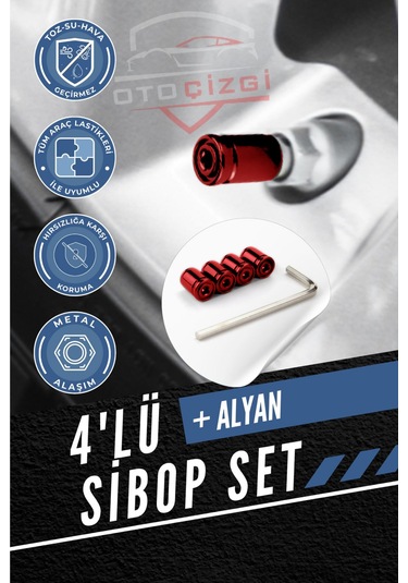 Renkli 4 Lü Sibop Kapak Seti Araba & Motosiklet Uyumlu, Alüminyum, Hava Kaçağını Önler - Kırmızı