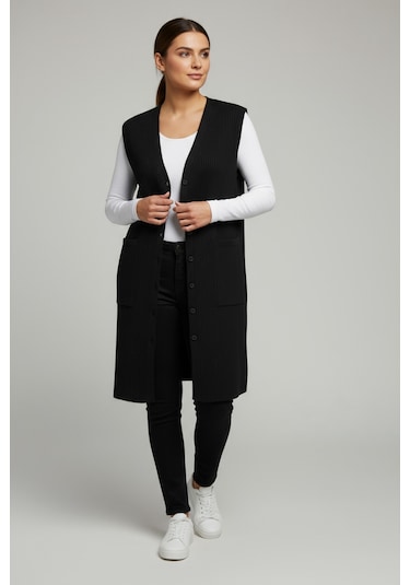 Kadın Önü 3 Düğmeli Üstten Cepli Uzun Yelek Siyah