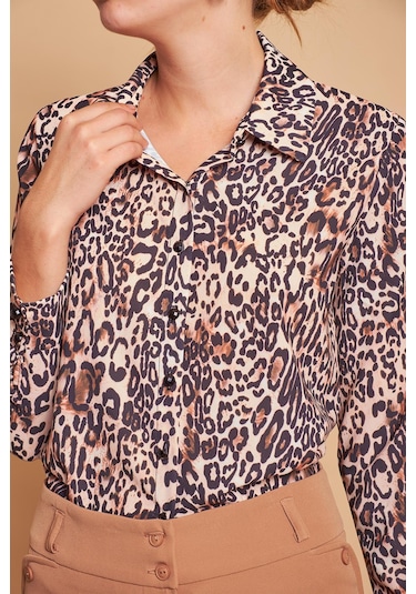 Desenli Yakalı Uzun Kol Likrasız Şık Kumaş Gömlek-Açık Bej Leopar A.Bej Leopar