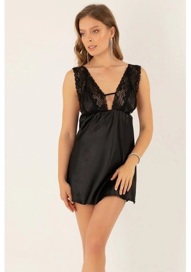 Faryanight Saten Dantelli Açık Sırt Detaylı Kalın Askılı Gecelik Siyah