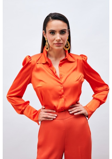 Sateen Vatkalı Saten Gömlek - Oranj
