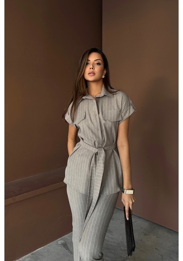 Ge Ticaret Çizgili Polyviskon Bluz - Pantolon Takım - Gri Gri