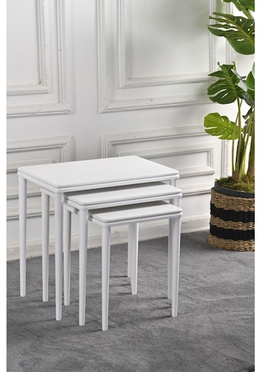 Mdf Ahşap Kaplama Ceviz Çift Kalınlık Eko Düz Ayaklı Cilalı 3'lü Zigon Sehpa Takımı - El Işçiliği - Beyaz-beyaz