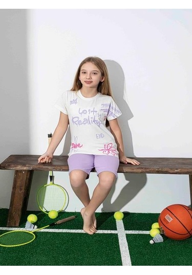 Kız Çocuk Desenli Lila Şortlu Pijama Takımı-1258 Lila