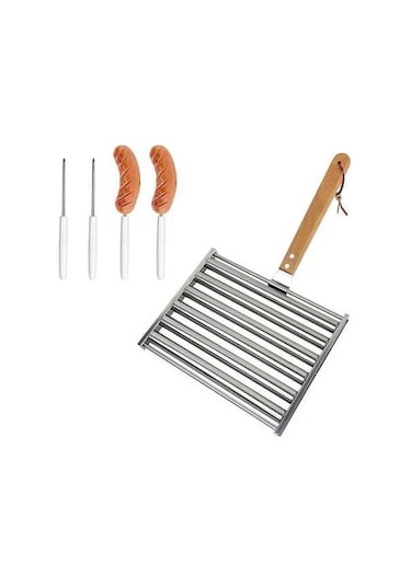 Ulzyvf Ahşap Saplı Ve Sosisli Şişli Sandviç Silindiri, Gümüş Barbekü, 4'lü Gümüş