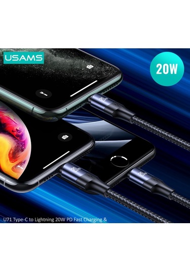 Usams Sj522 20 W Lightning Hızlı Şarj Pd 60w Örgü Kablo Siyah 2 M