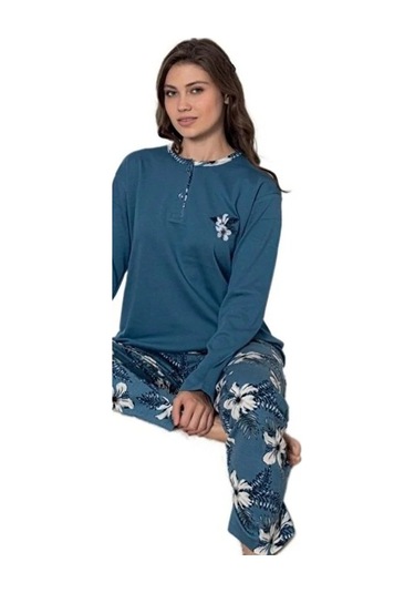 Mina Collection Kadın Pijama Takımı Uzun Kollu Yumuşak Dokulu E Mavi