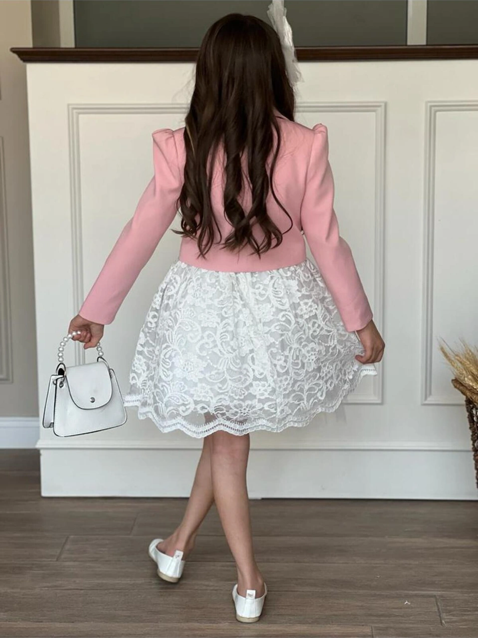 Uğur Böceği Çocuk Kız Çocuk 4'lü Şık Abiye Takım Elbise Ceket Çanta Toka Beyaz