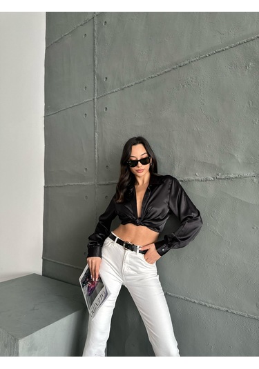 Kadın Oversize Siyah Renk Saten Gömlek-siyah Siyah