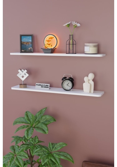 Dekoratif Uçan Duvar Rafı 2 Adet Gizli Monteli Raf Oval Kesim 100x18 Cm Beyaz