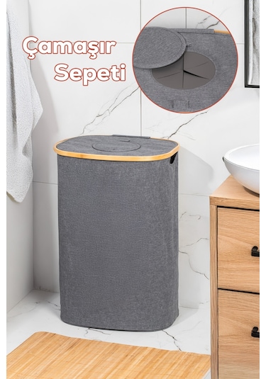 Porsima Mio-101 Bambu Banyo Kirli Çamaşır Sepeti Banyo Düzenleyici Sepet 44x66 Cm Renkli