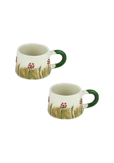 Kupa Bardak Kupa Seramik Sarı Kırmızı Gül Desenli 2'li Set 200 Ml