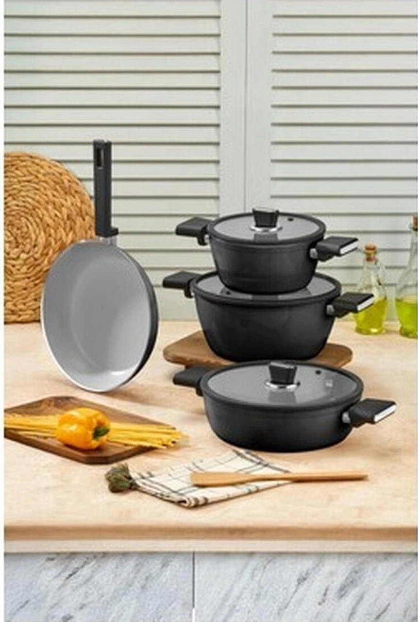 Seramik Tencere Seti 7 Parça Krem Bakır - Siyah