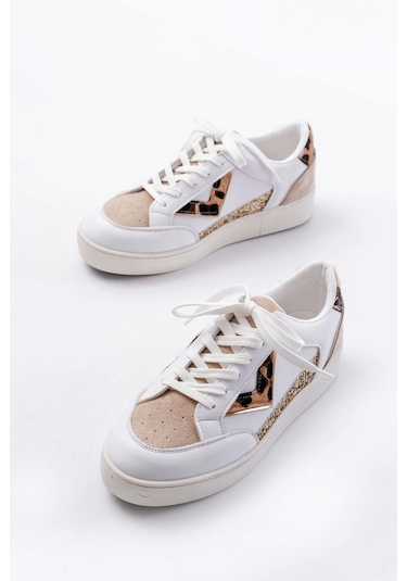 Sv-01 Beyaz Leopar Desenli Bağcıklı Kadın Spor Ayakkabı Beyaz