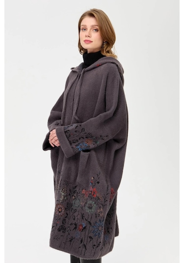 Desen Triko Kadın Triko Kırçiçeği Desenli Afrodit Panço 23065 Antrasit Antrasit