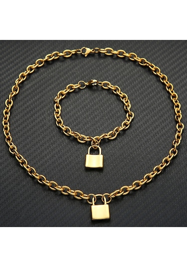 Ehediye Chavin Aşkın Kilidi Gold Çelik Kadın Kolye ve Bileklik Ec82Sr Altın