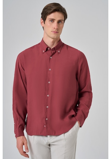 Morven Erkek Bordo Trend Düz Desen Dynamic Fit Düğmeli Yaka Gömlek 25ms004030750 Bordo Bordo