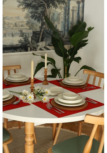 Yakacihome 4'lü Pera Kırmızı Biye Detaylı Duck Keten Yıkanabilir, Leke Tutmaz Supla Amerikan Servis Seti Kırmızı