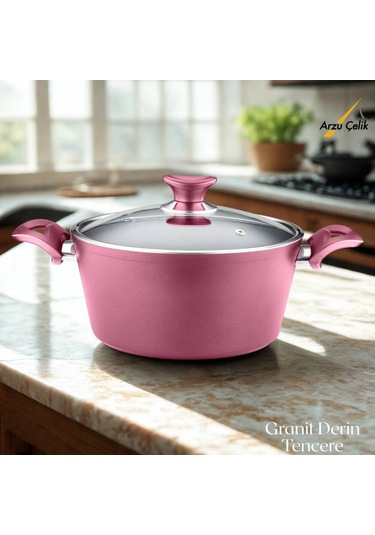 28 Cm Granit Derin Tencere Cam Kapak - Mürdüm Mürdüm
