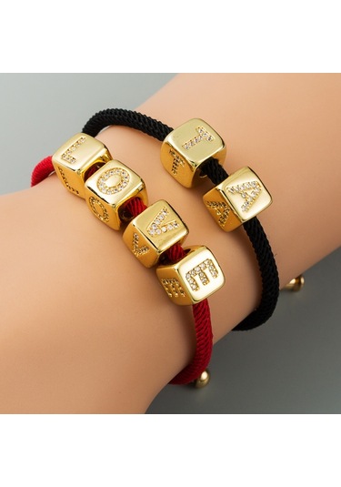 İngilizce Mektup Boncuk Bilezik Pirinç Mikro Kakma Çift Kırmızı Dize Çekme Dıy Bilezik Takı, Stil: K Çok Renkli