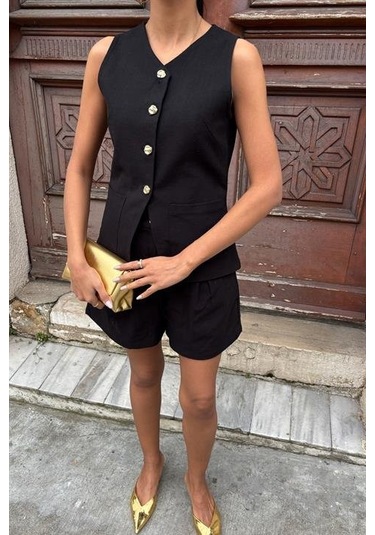 The İstanbul Gold Düğme Detaylı Yelek Şort Cotton Takım 10134-17 Siyah