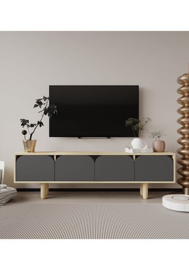 Lazio Bohem Ahşap Ayaklı Tv Ünitesi Tv Sehpası Safir Meşe-antrasit