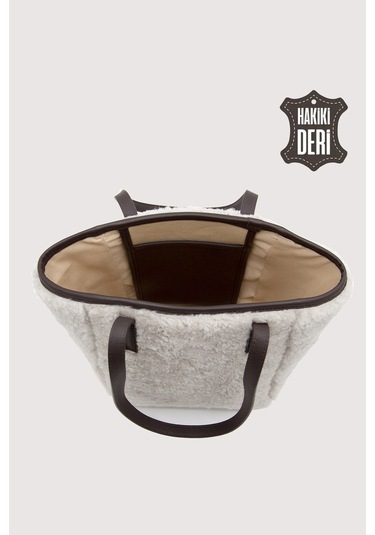 Hakiki Deri Kürklü Kadın El Çantası Beyaz Smr9152 Beyaz