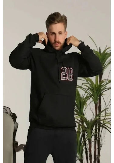 Defymoda Unisex Kapşonlu Baskılı Sweetshirt - Siyah