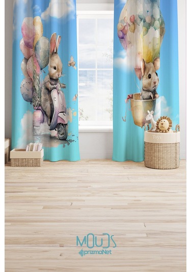 Tavşan Ve Farecik Desenli Fon Perde Çocuk Ve Bebek Odası Süet Baskılı Ekstrafor Büzgü 2 Kanat Prd-67 Çok Renkli