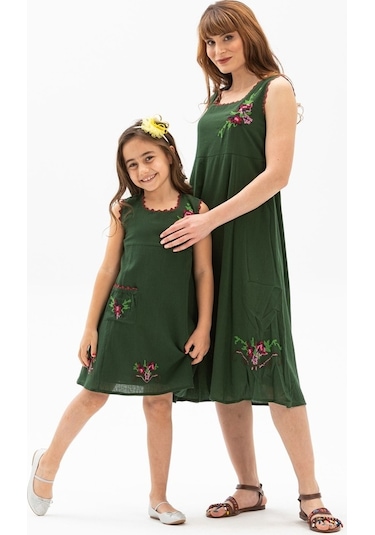 Burçak Şile Bezi Kız Çocuk Elbise Yeşil