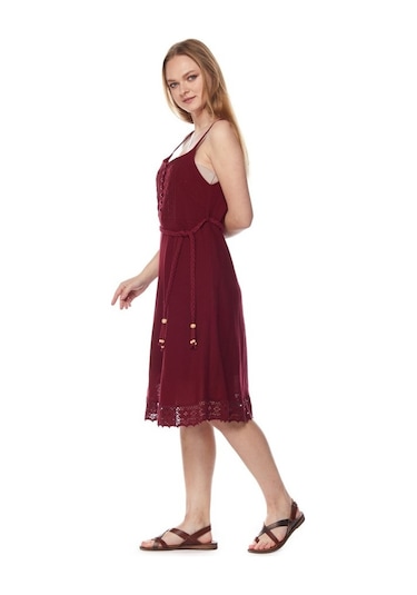 Şile Bezi Bordo Askılı Kemerli Elbise Bordo