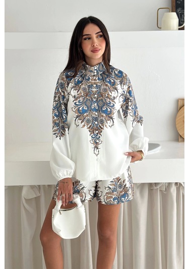 İthal Atlas Kumaş Bluz&şort Takım Beyaz