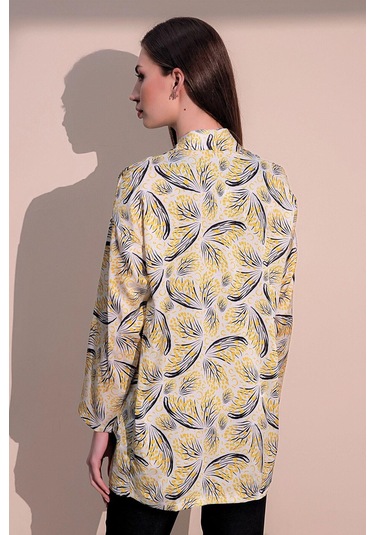 Kadın Sarı Safari Desen Yeni Moda Saten Çift Cepli Salaş Kimono Ceket - Tesettüre Uygun Sarı