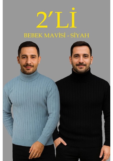 Erkek Fitilli Triko Kazak 2li Set Bebek Mavisi Siyah Regular Balıkcı Yaka Tam Boğazlı Triko Seti Modeli Kazak Çok Renkli Erkek Fitilli Triko Kazak 2li Set Bebek Mavisi Siyah Regular Balıkcı Yaka Tam Boğazlı Triko Seti Modeli Kazak Çok Renkli