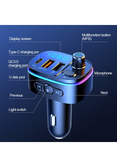 T65 Araba Bluetooth Fm Verici Çift Usb Type-c Qc3.0 Şarj Cihazı