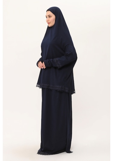 Lacivert İki Parça Namaz Elbisesi Pamuk Kumaş Dantelli 2205 02 Lacivert