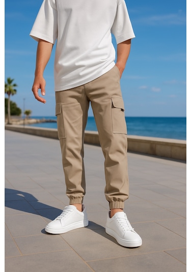 Kargo Cepli Paraşüt Kumaş Bej Renk Erkek Pantolon-1816 Bej