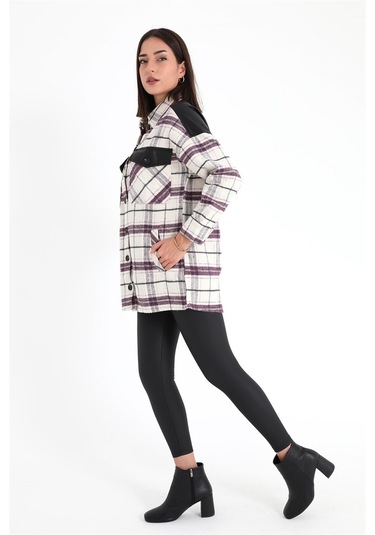 Deri Garnili Ekose Cepli Gömlek - Mor-mor Mor