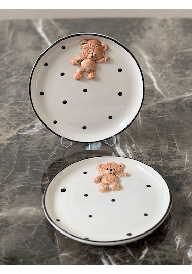 Meggdecor Teddy Bear 2 Adet Kabartma 21cm Tabak Beyaz