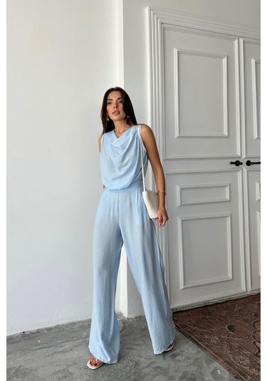 Munn Collection Degaje Yaka Kolsuz Bluz - Pantolon Takım - Mavi Mavi