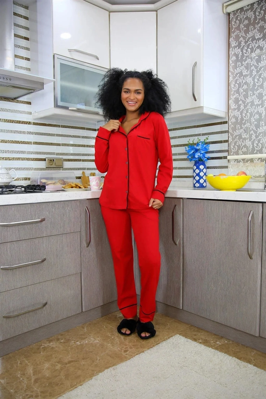 Moda Kadın %100 Pamuk Penye Önden Düğmeli Uzun Kol Pijama Takım Kırmızı Kırmızı