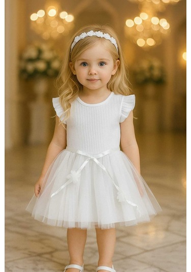 Kız Çocuk Beyaz Tül Pamuklu Özel Gün Doğum Günü Günlük Prenses Elbise Beyaz