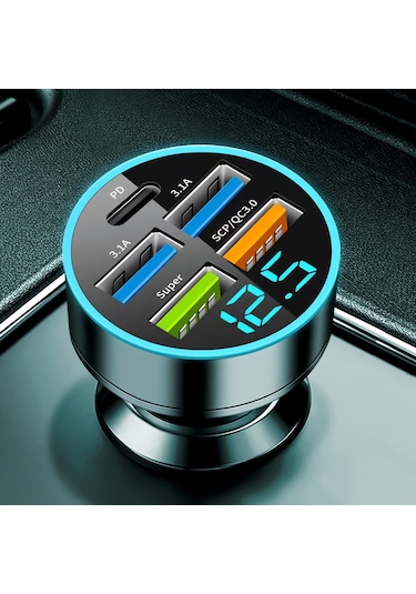 5 Port Usb Süper Hızlı Şarj Akıllı Telefon Şarj Algılama Dijital Ekran Araç Adaptörü Cep Telefonu Şarj Cihazı