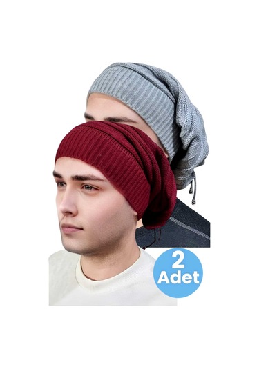 Tezzgelsin 2'li Erkek Kışlık Triko Örgü Bere Ve Boyunluk Gri - Bordo