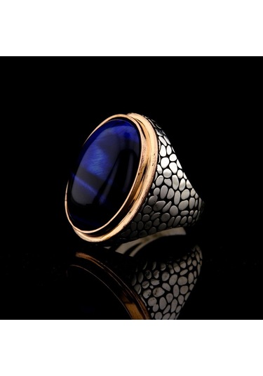 925 Ayar Gümüş Mavi Kaplan Gözü Taşlı Duvar Desenli Erkek Yüzük Çok Renkli